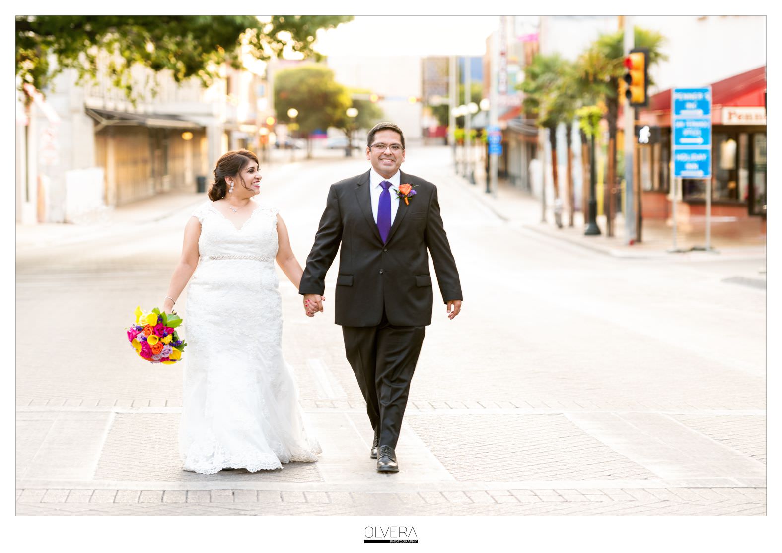 Bride and Groom walking in street|Downtown San Antonio|Olvera Photography